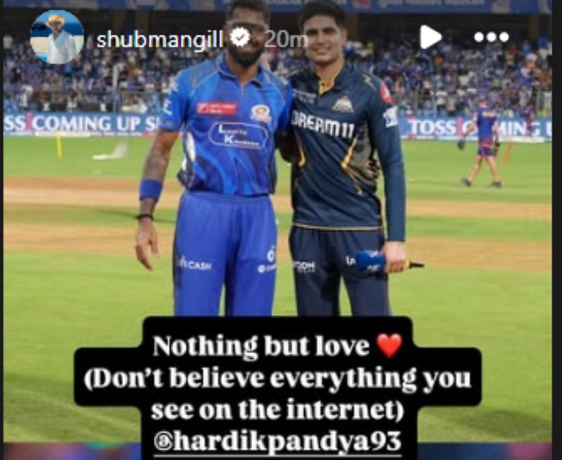 A screenshot of Shubman Gill’s Instagram story